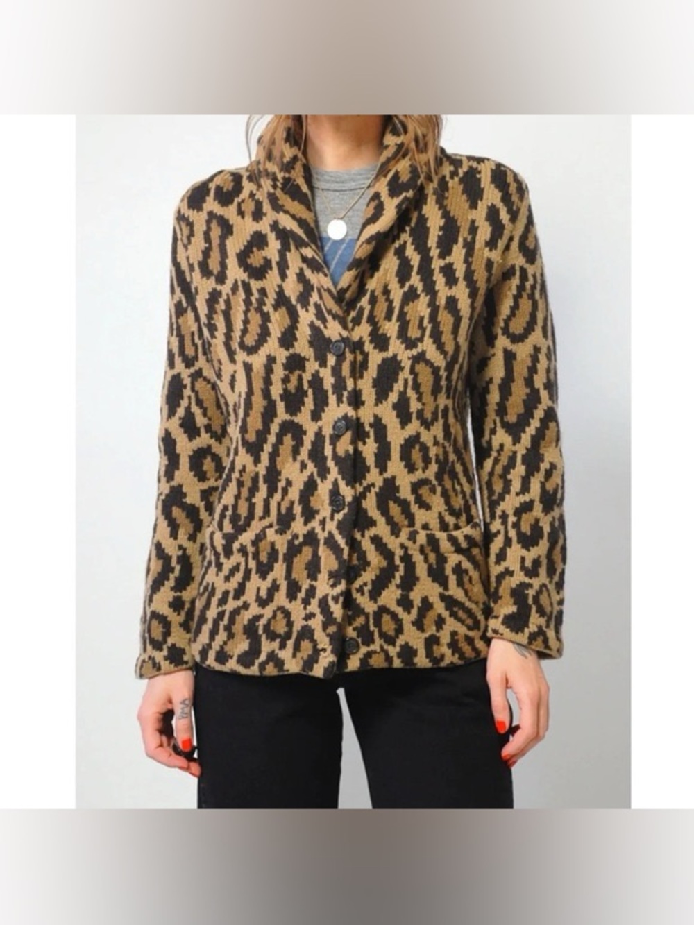 Vintage Lauren Ralph 100% Lauren Wool Leopard Print Button Cardigan Sweater 90s